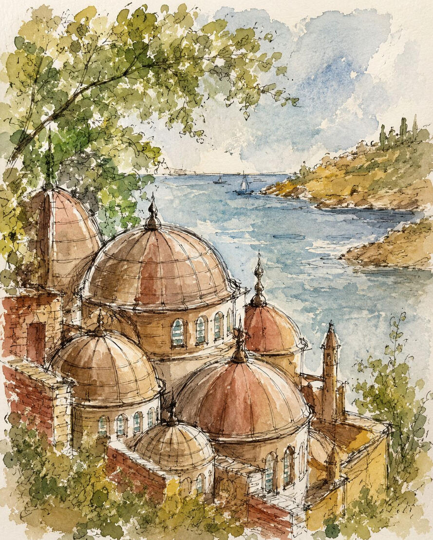 Domes overlooking endless blue horizons.